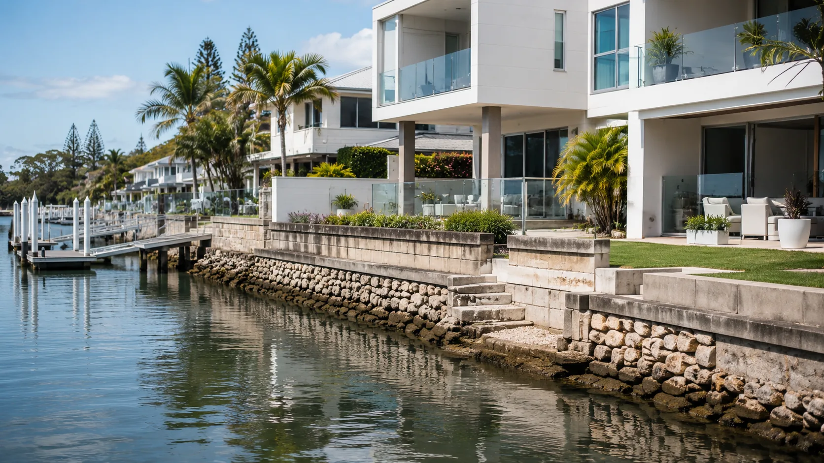 Canal and revetment wall beside Gold Coast style waterfront homes